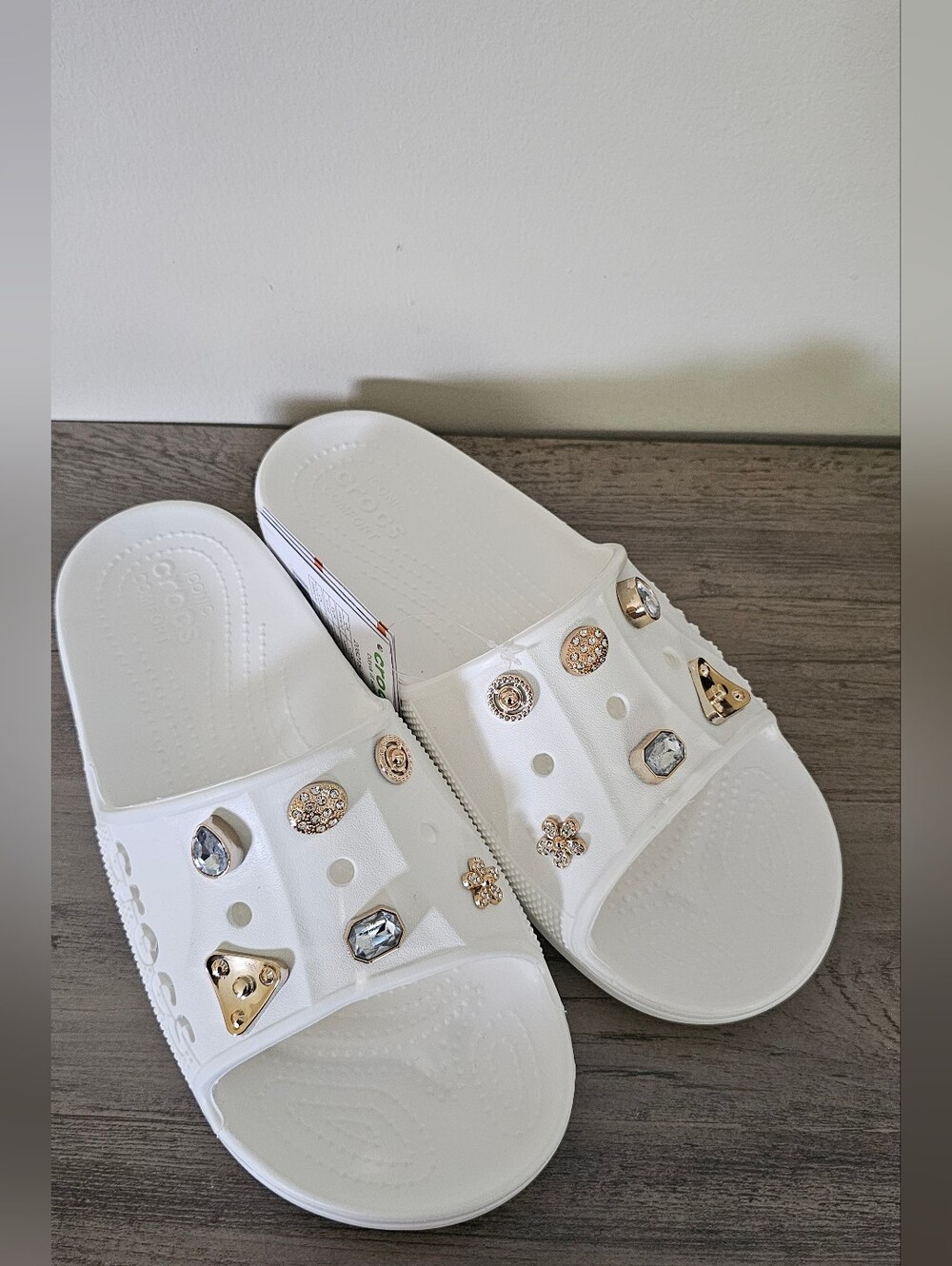 CROCS Women White Slide Sandals with Gold Gem Charms W 10 M 8